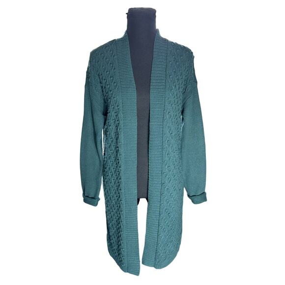 Talbots Dark Green Open Front Cardigan Chunky Knit Cotton Cashmere Blend Size MP - Picture 1 of 7